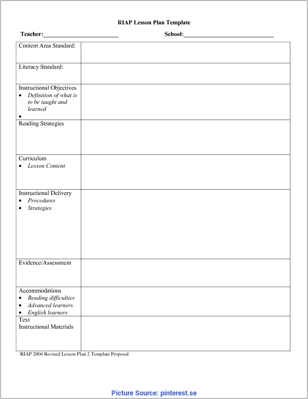 Art Lesson Plan Template Middle School