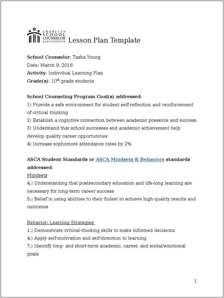 Asca Student Outcome Goal Plan Template