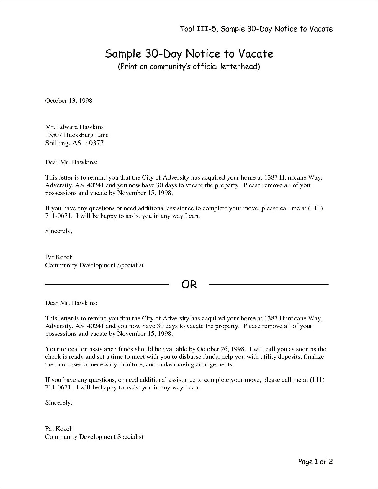 Assisted Living 30 Day Notice Letter Template