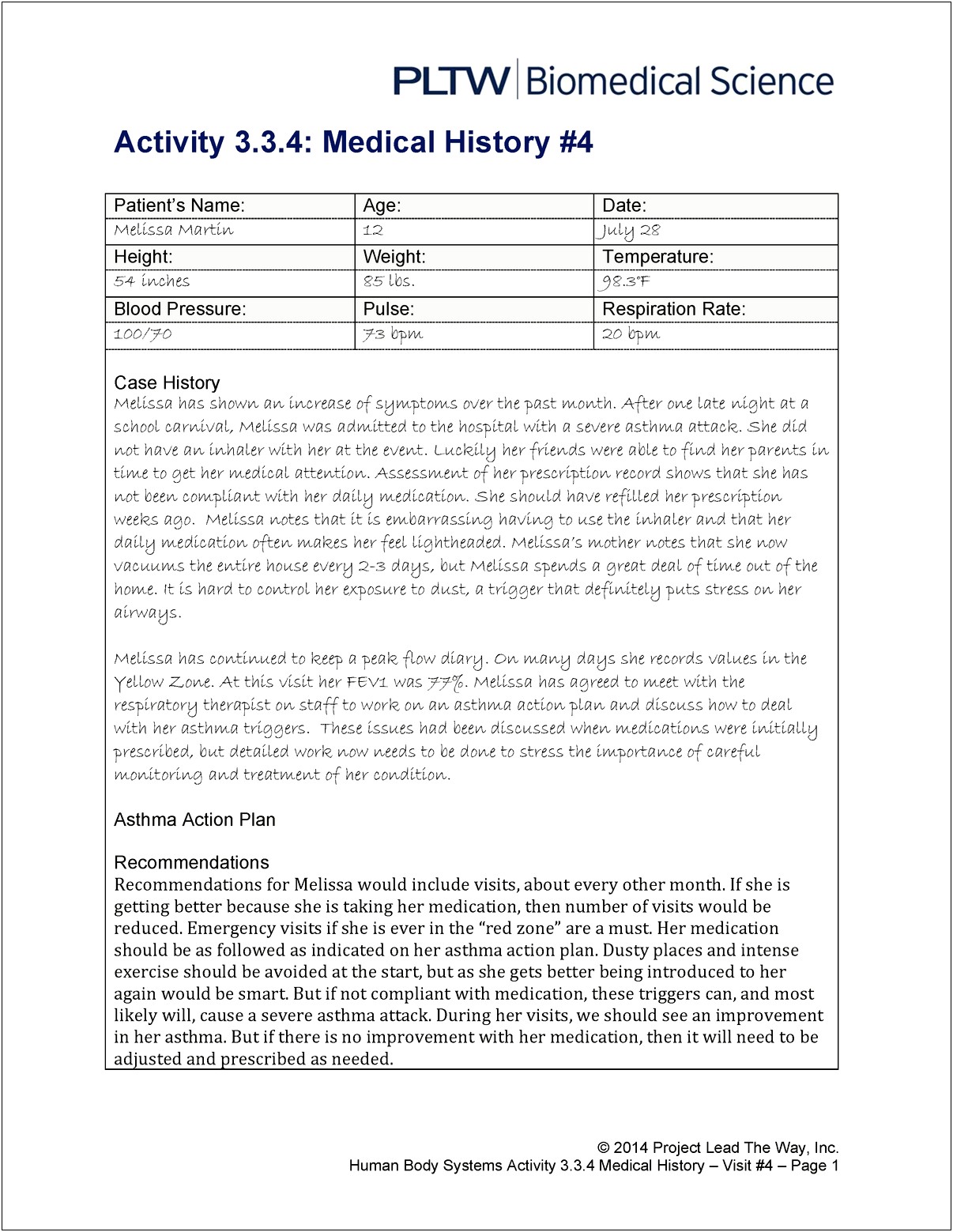 Asthma Action Plan Template For Melissa