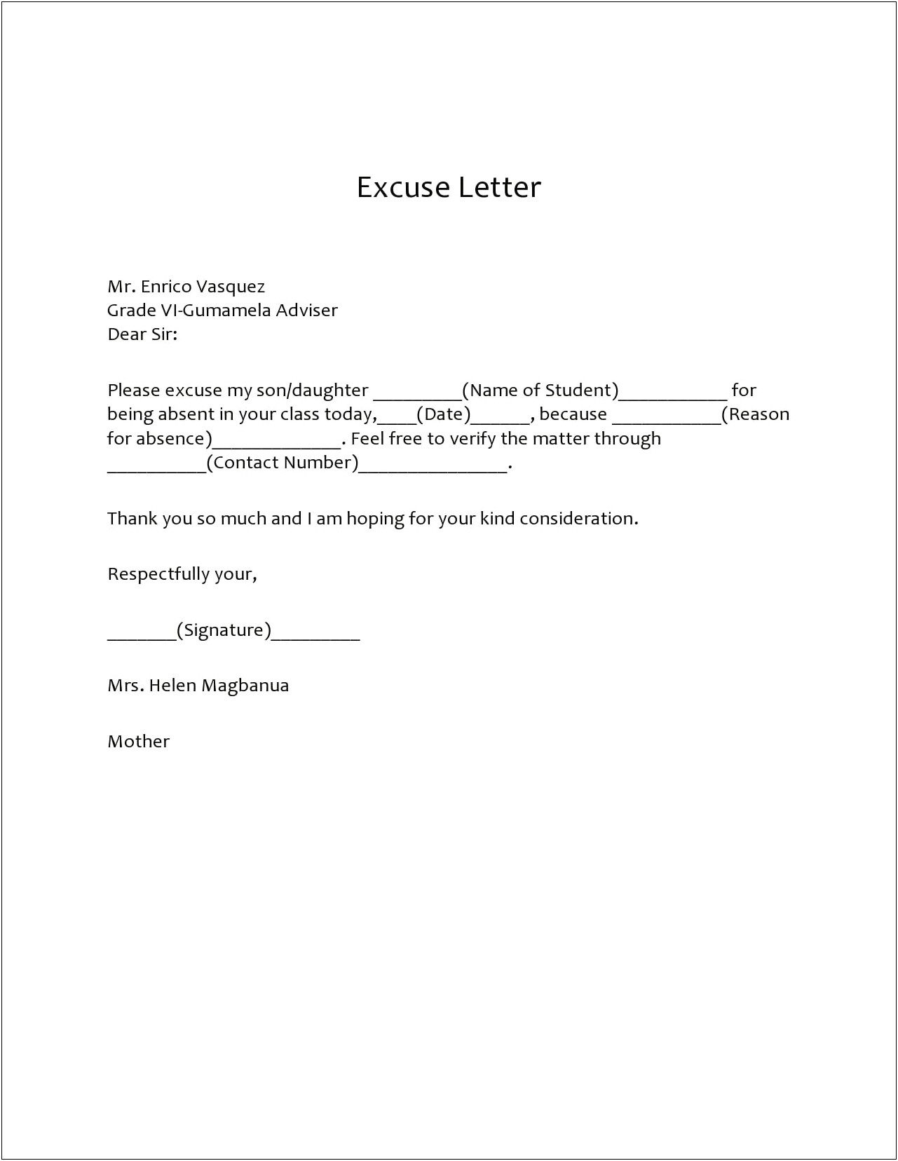 Authorised Absence From School Letter Template