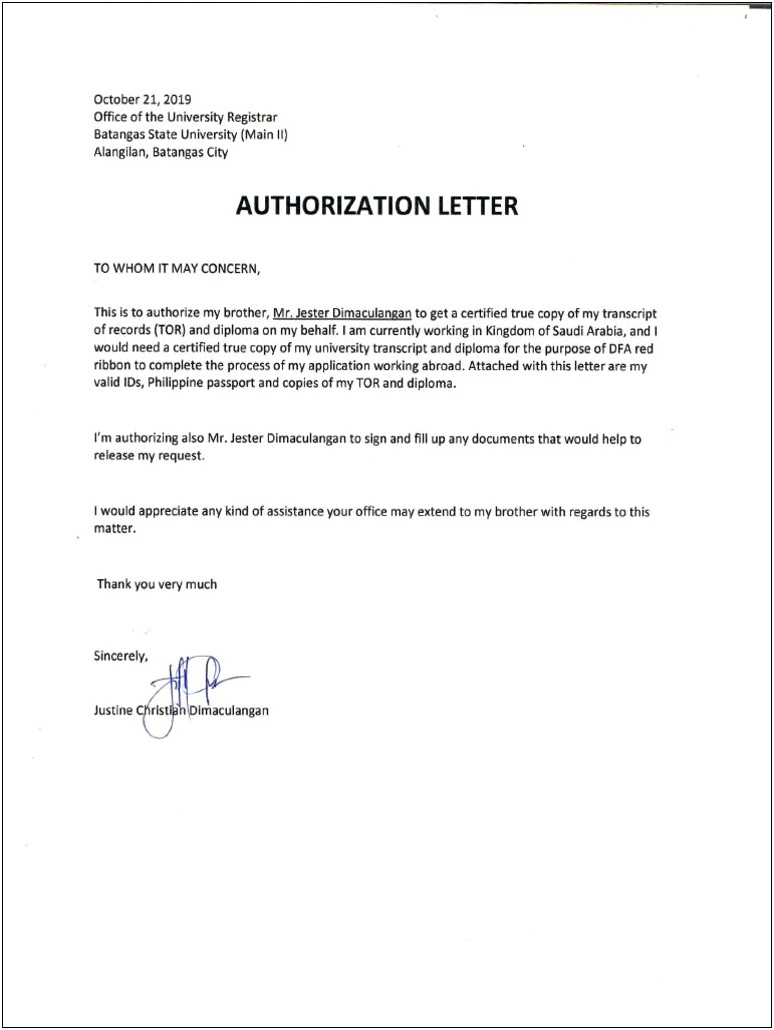 Authorization Letter Template For Transcript Request