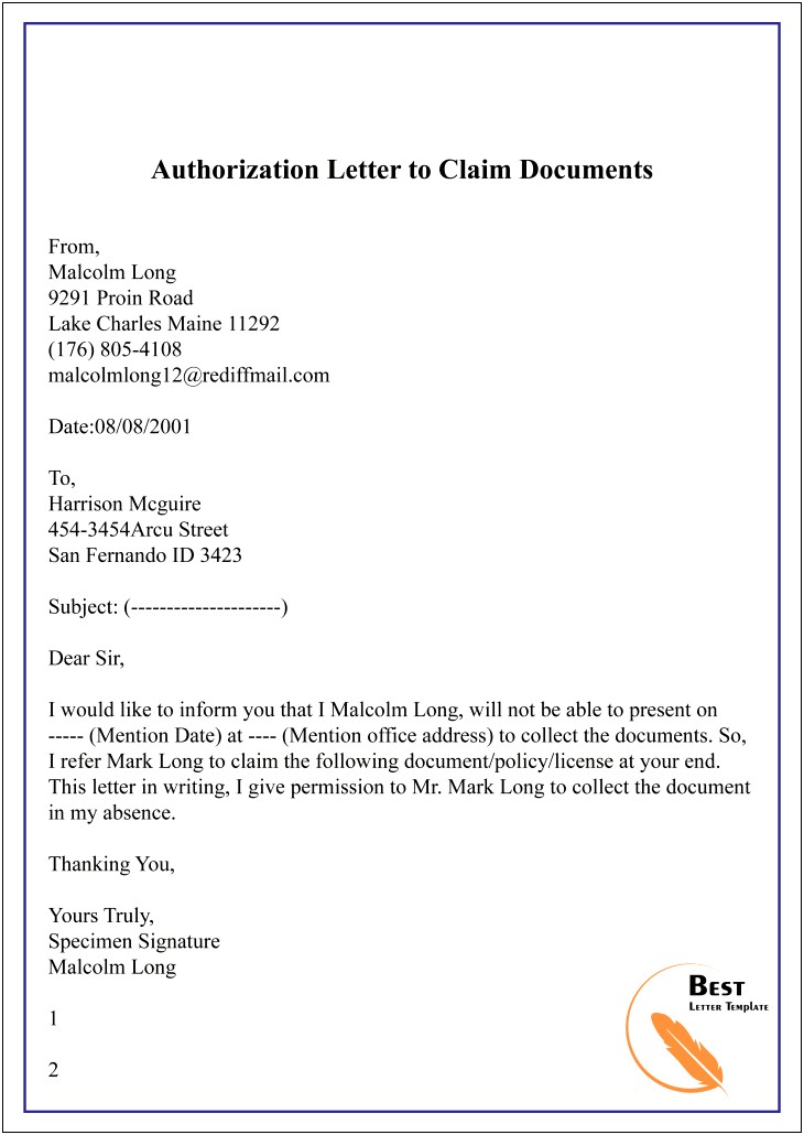 Authorization Letter Template To File For A Document