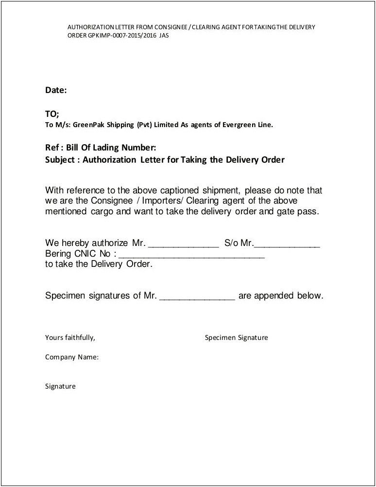 Authorization Letter To Collect Documents Template