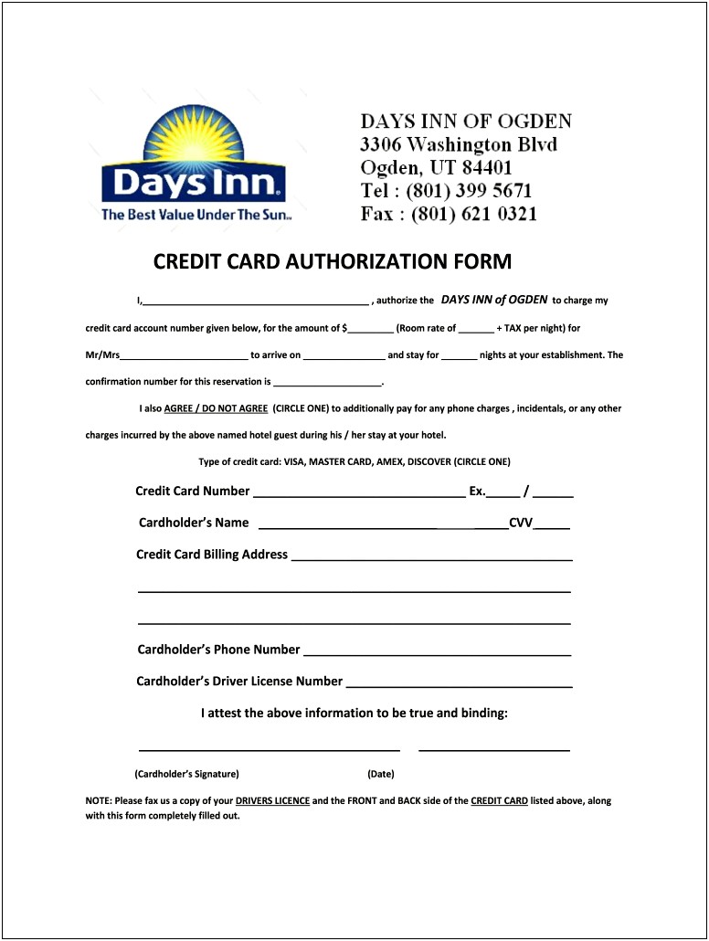 Authorization To Charge Credit Card Template