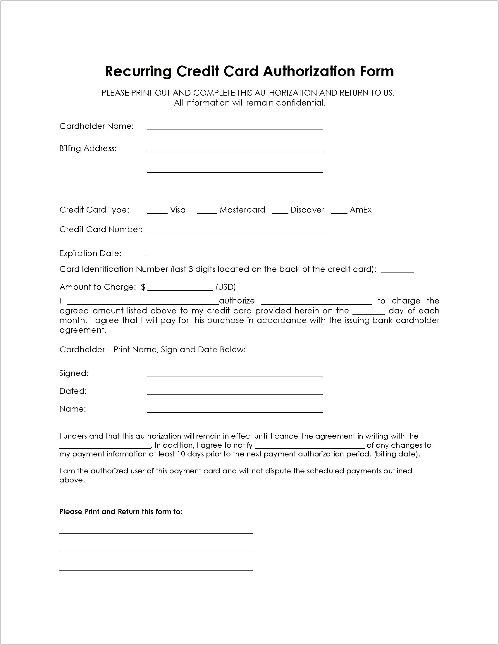 Automatic Credit Card Authorization Form Template