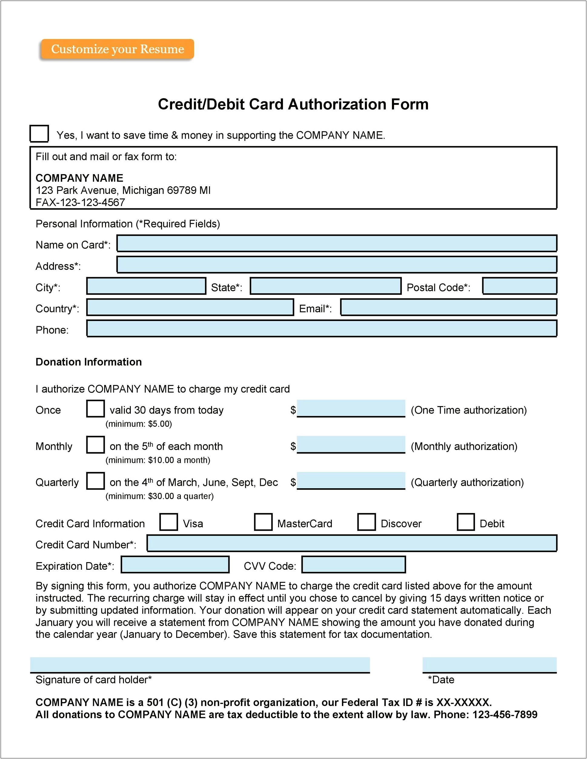 Automatic Credit Card Payment Authorization Form Template