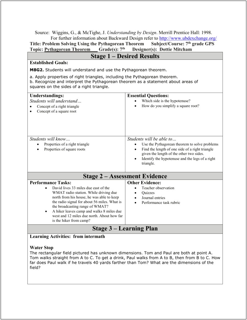 Backward Design Model Lesson Plan Template