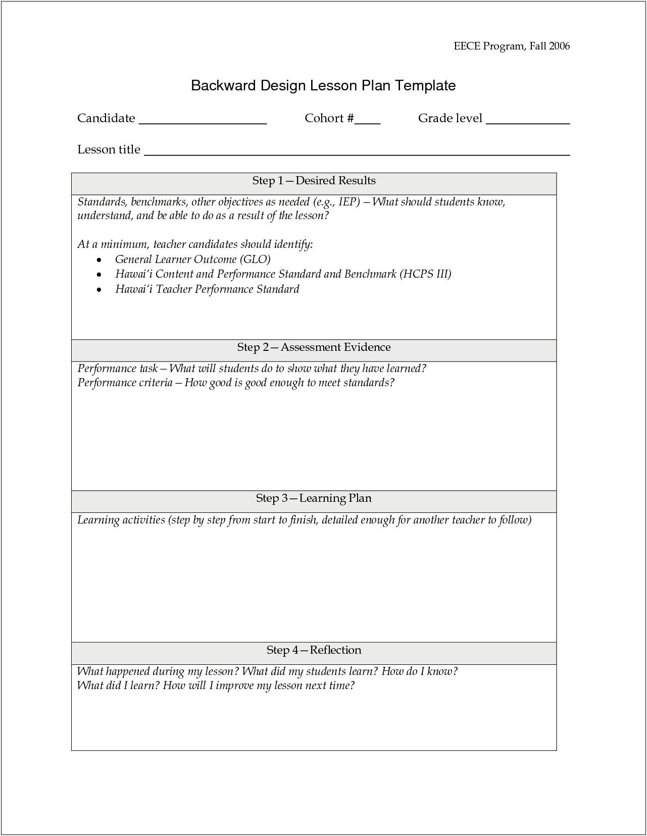 Backwards Plan Template For Teacher Kindergarten