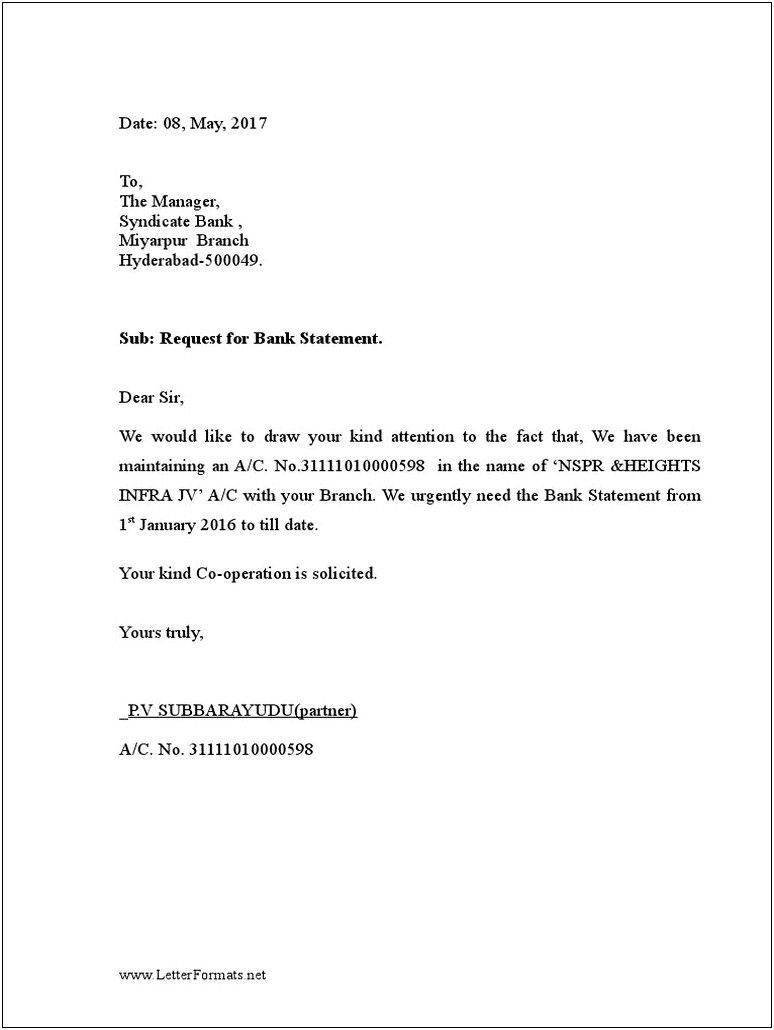 Bank Account Statement Request Letter Template