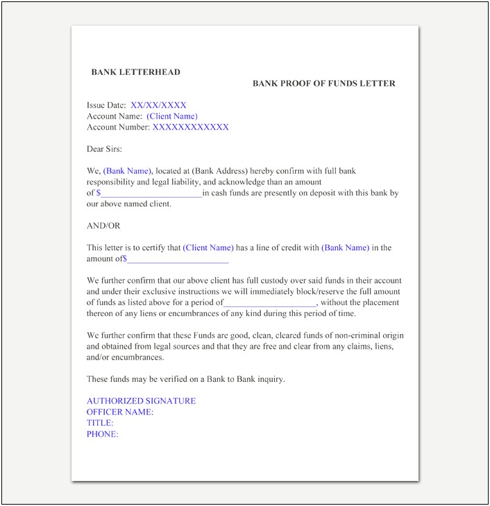 Bank Proof Of Funds Letter Template