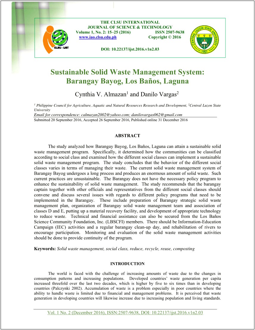 Barangay Ecological Solid Waste Management Plan Template