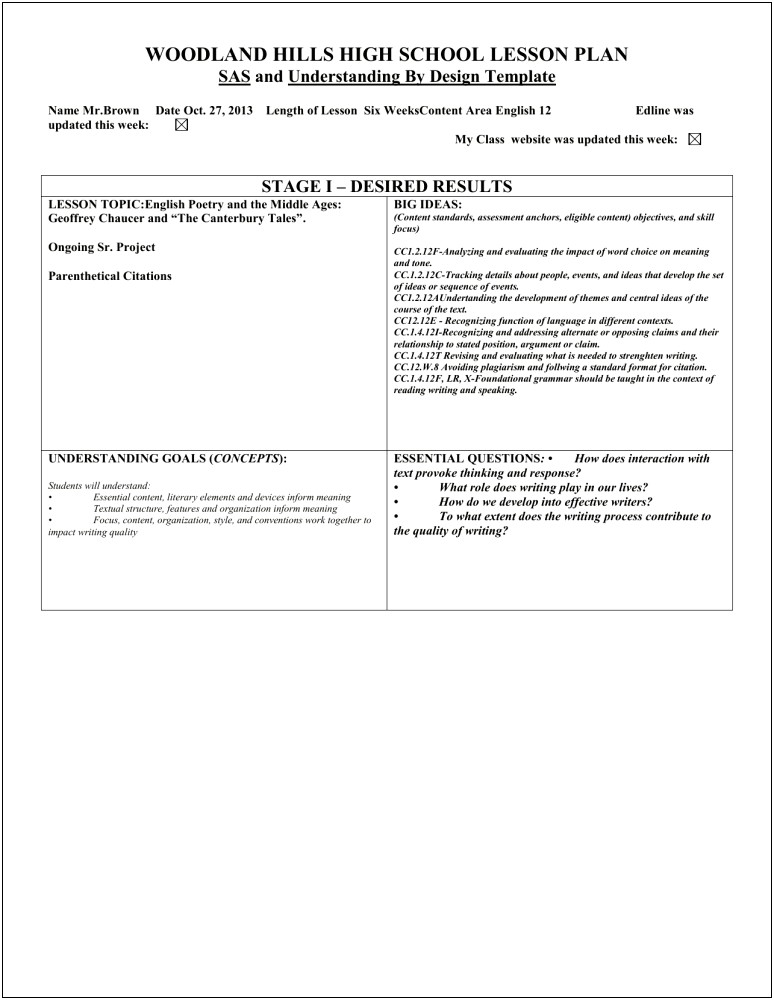 Basic High School Lesson Plan Template For English