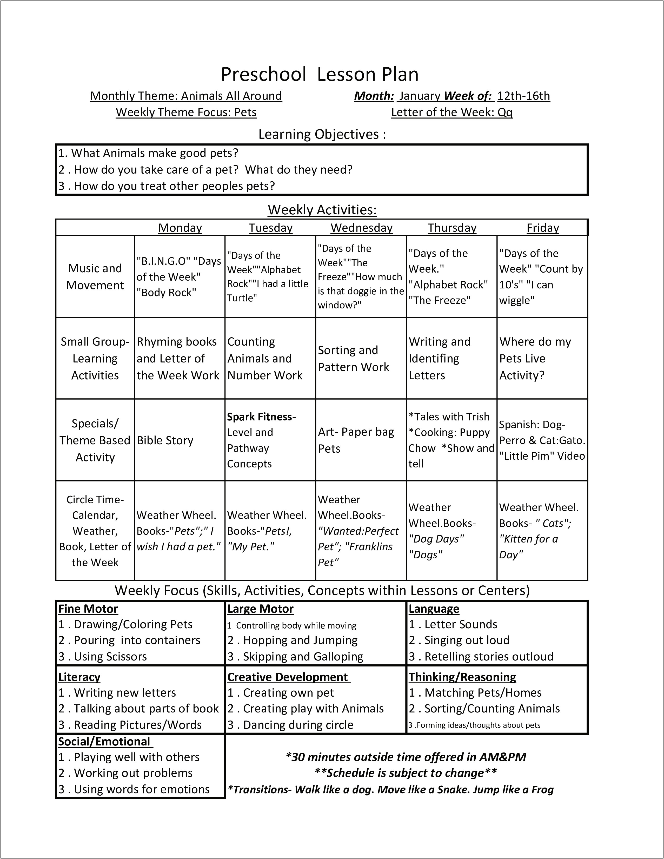 Basic Pre K Lesson Plan Template