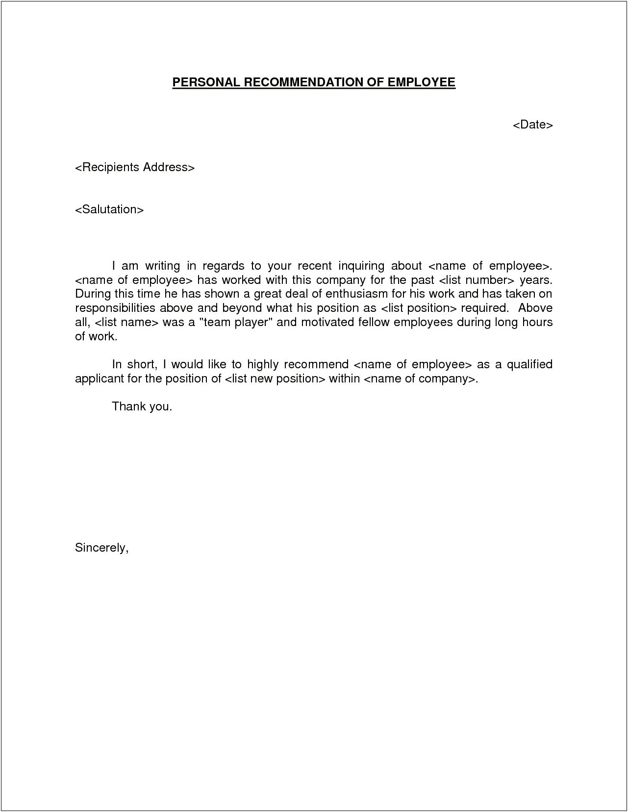 Basic Reference Letter Template From Employer