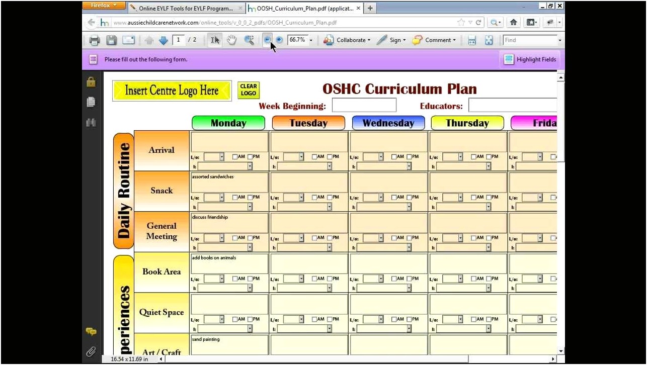 Before And After School Program Planning Template