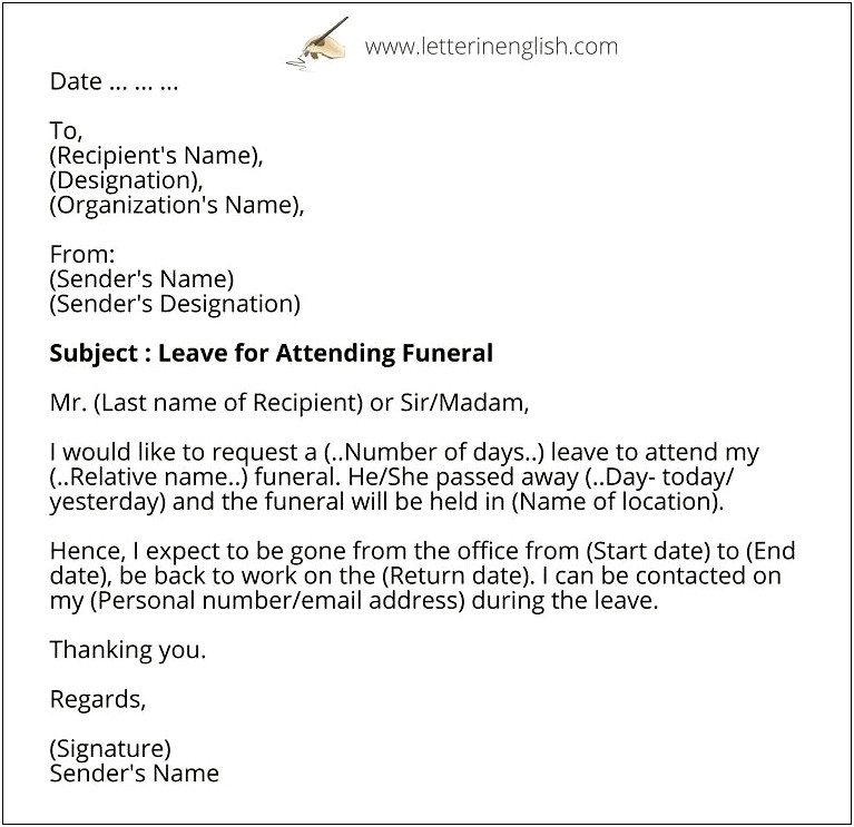 Bereavement Letter From Funeral Home Template