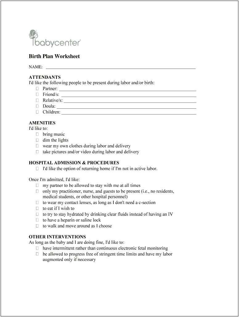 Birth Plan Template March Of Dimes