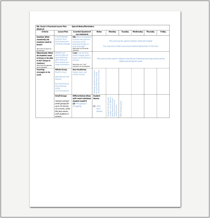 Blank 3 Day Preschool Lesson Plan Template Pdf