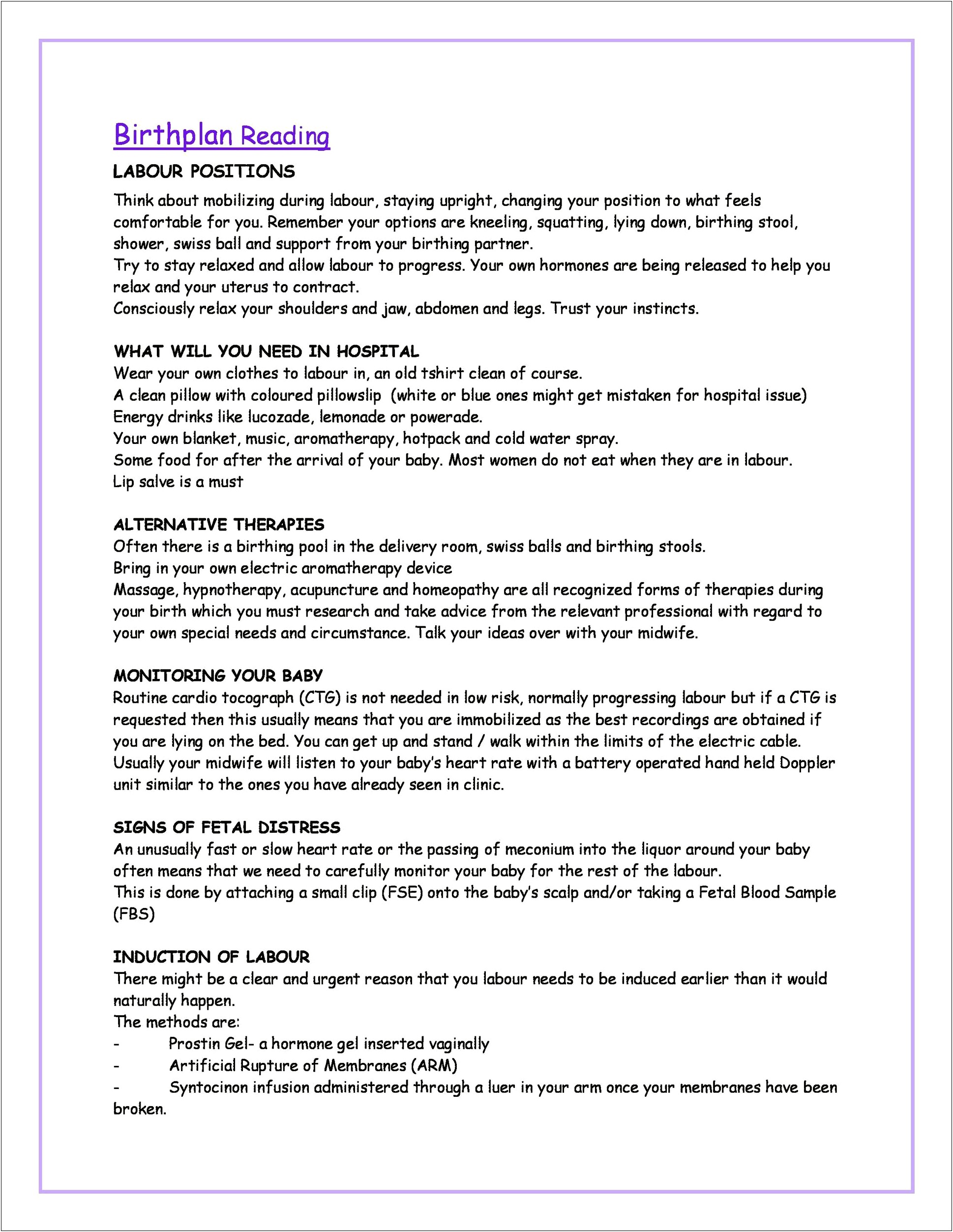 Blank Baby Birth Plan Paper Template