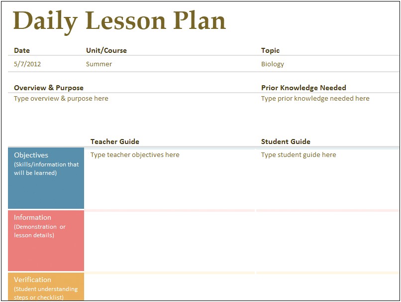 Blank Daily Lesson Plan Template High School