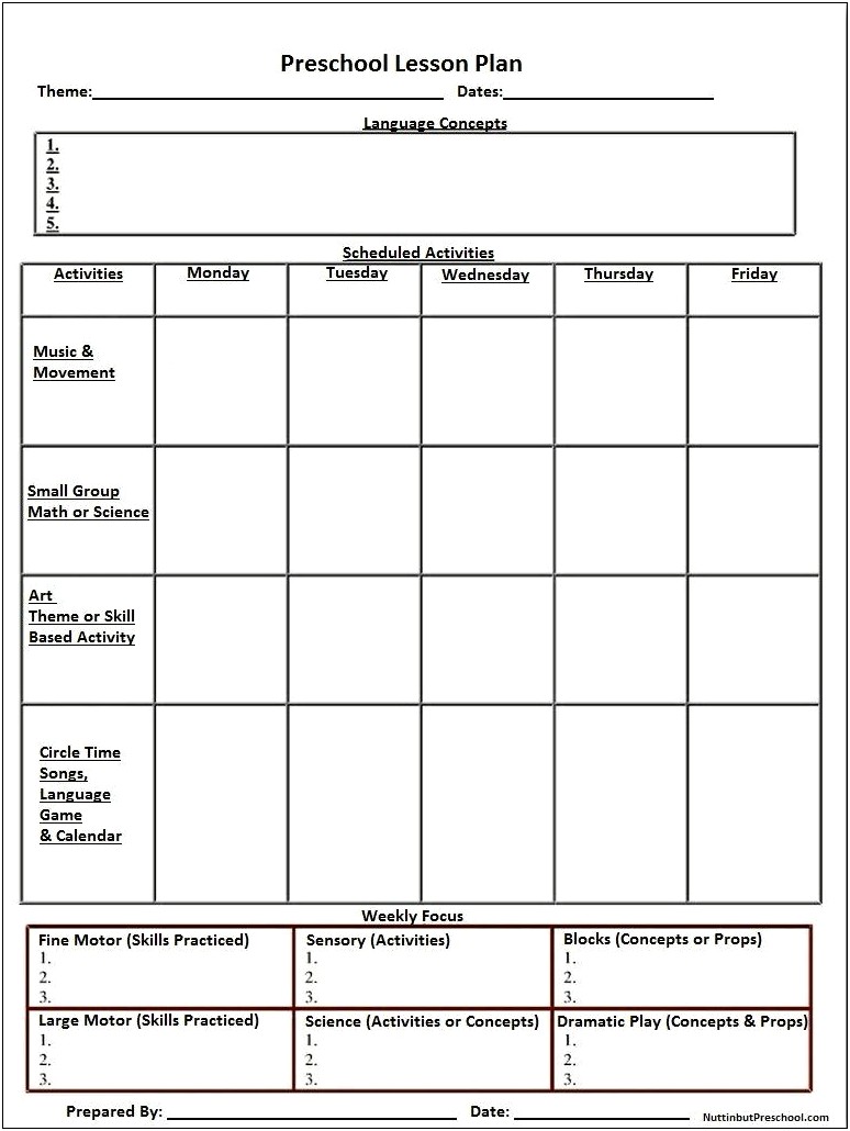 Blank Early Childhood Lesson Plan Template