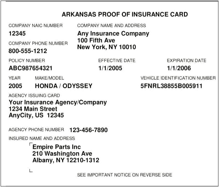 Blank Fillable Fake Car Insurance Card Template