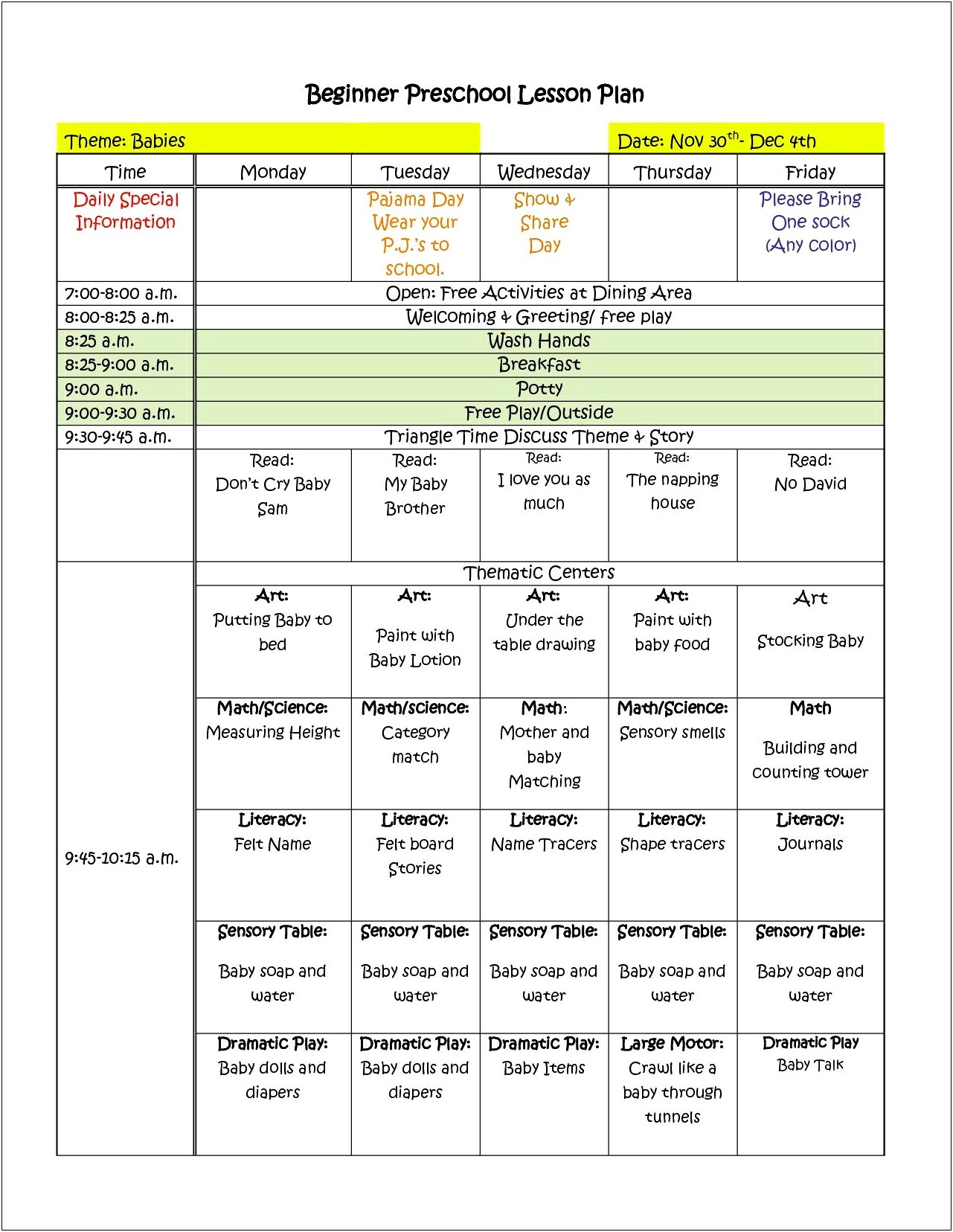 Blank Lesson Plan Template For Daycare School Age