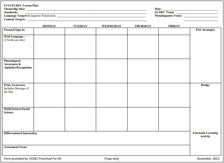 Blank Lesson Plan Template For Daycare