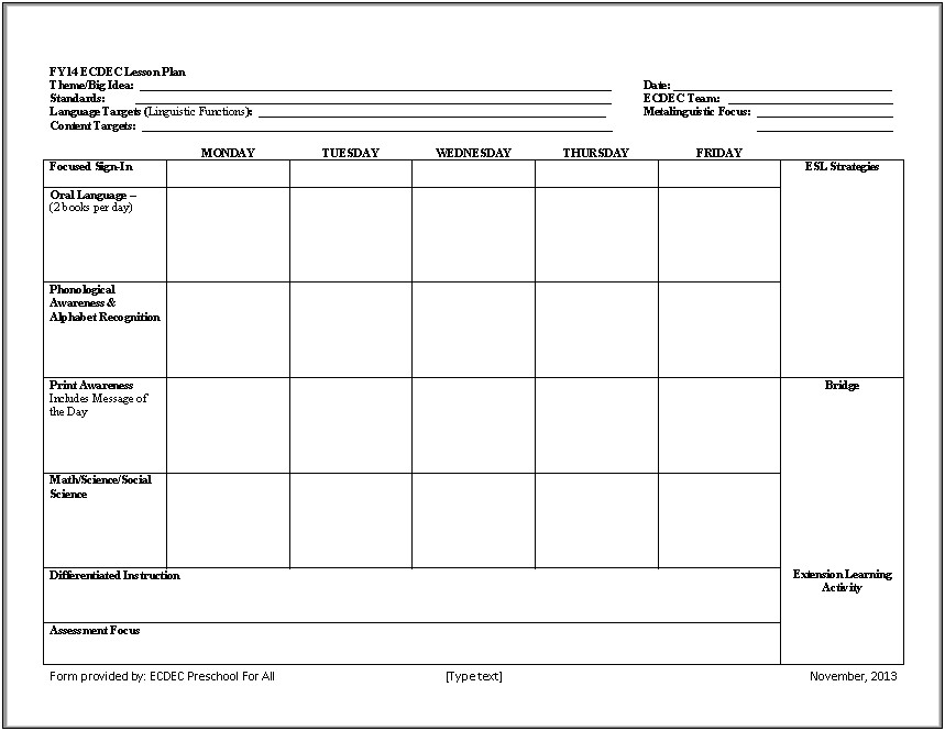 Blank Lesson Plan Template For First Grade