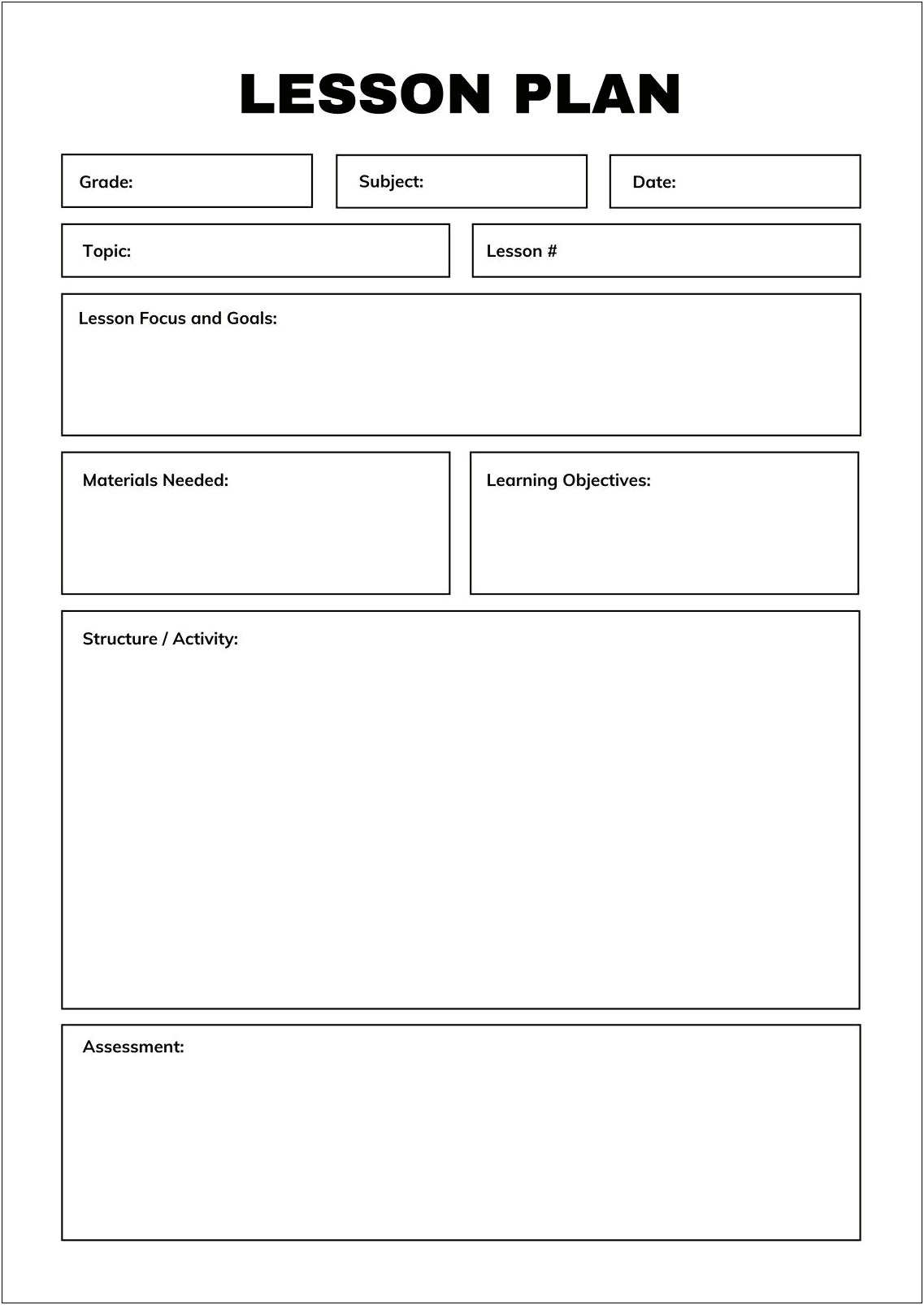 Blank Printable Daily Lesson Plan Template