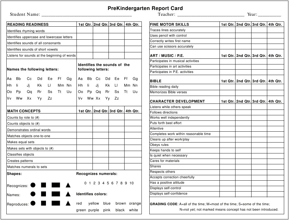 Blank Report Card Template For Kindergarten