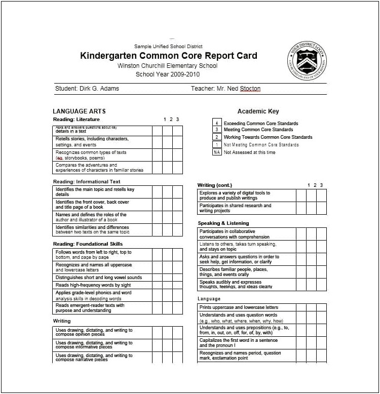 Blank Shaw High School Report Card Template