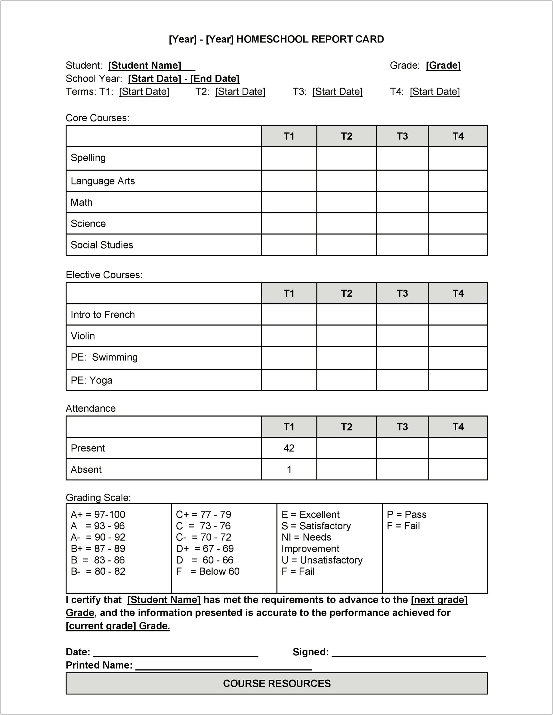 Blank Student Grade Report Card Template