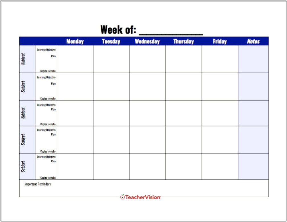 Blank Template For Monthly Lesson Plans