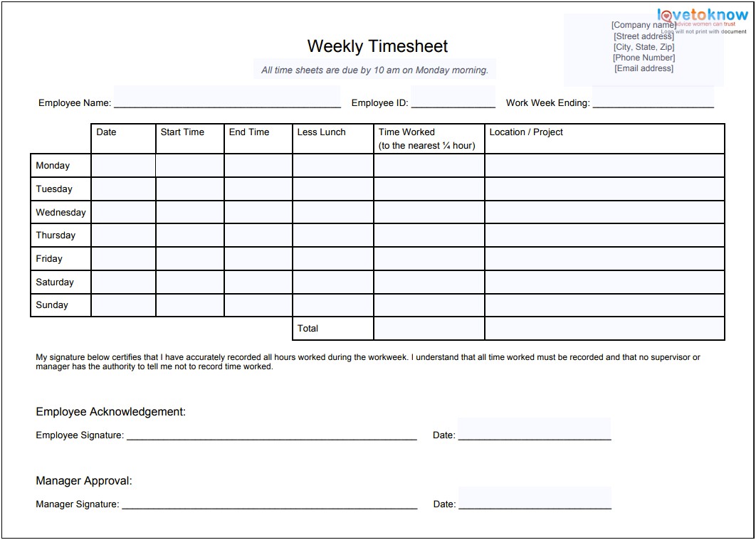 Blank Time Cards Template For Contractors