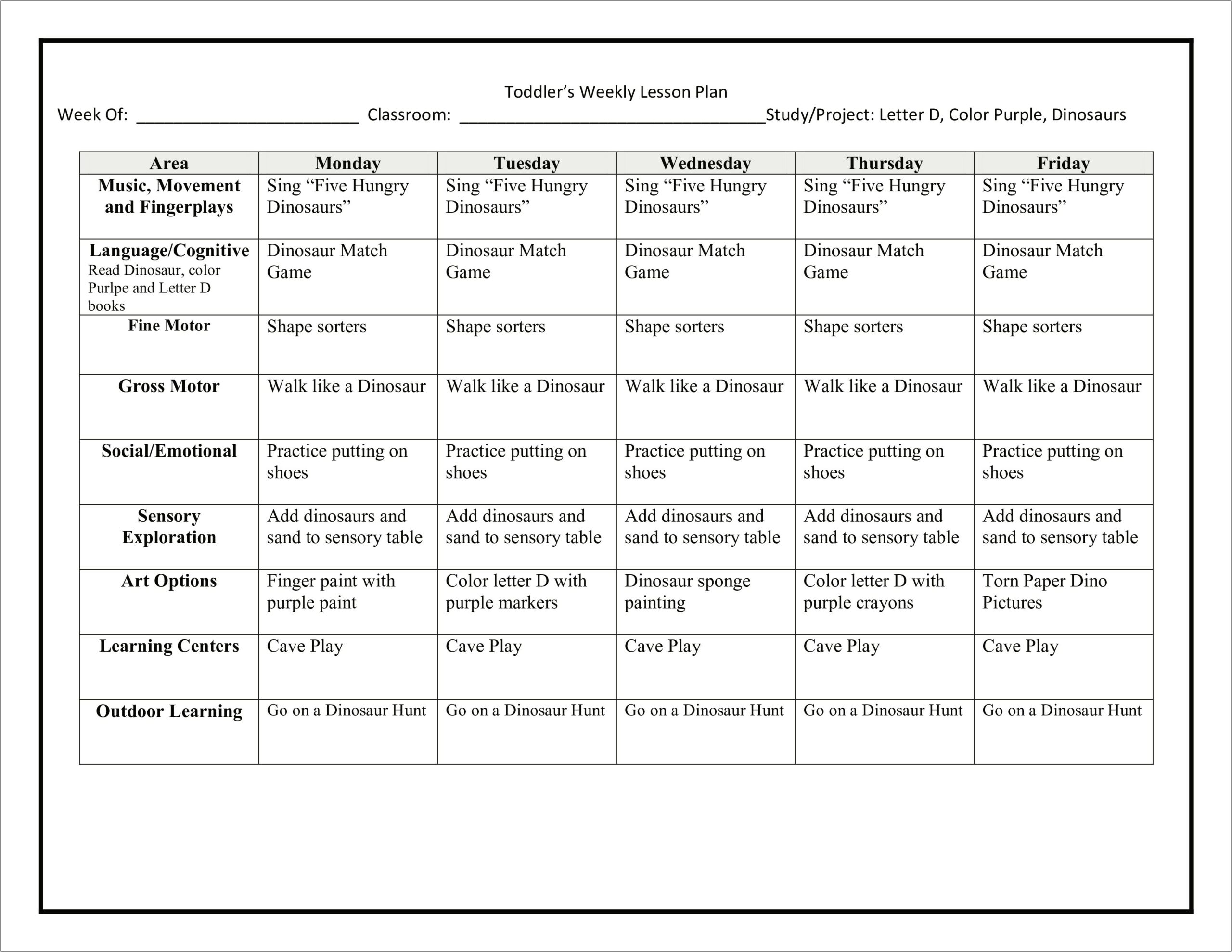 Blank Weekly Lesson Plan Template For Toddlers