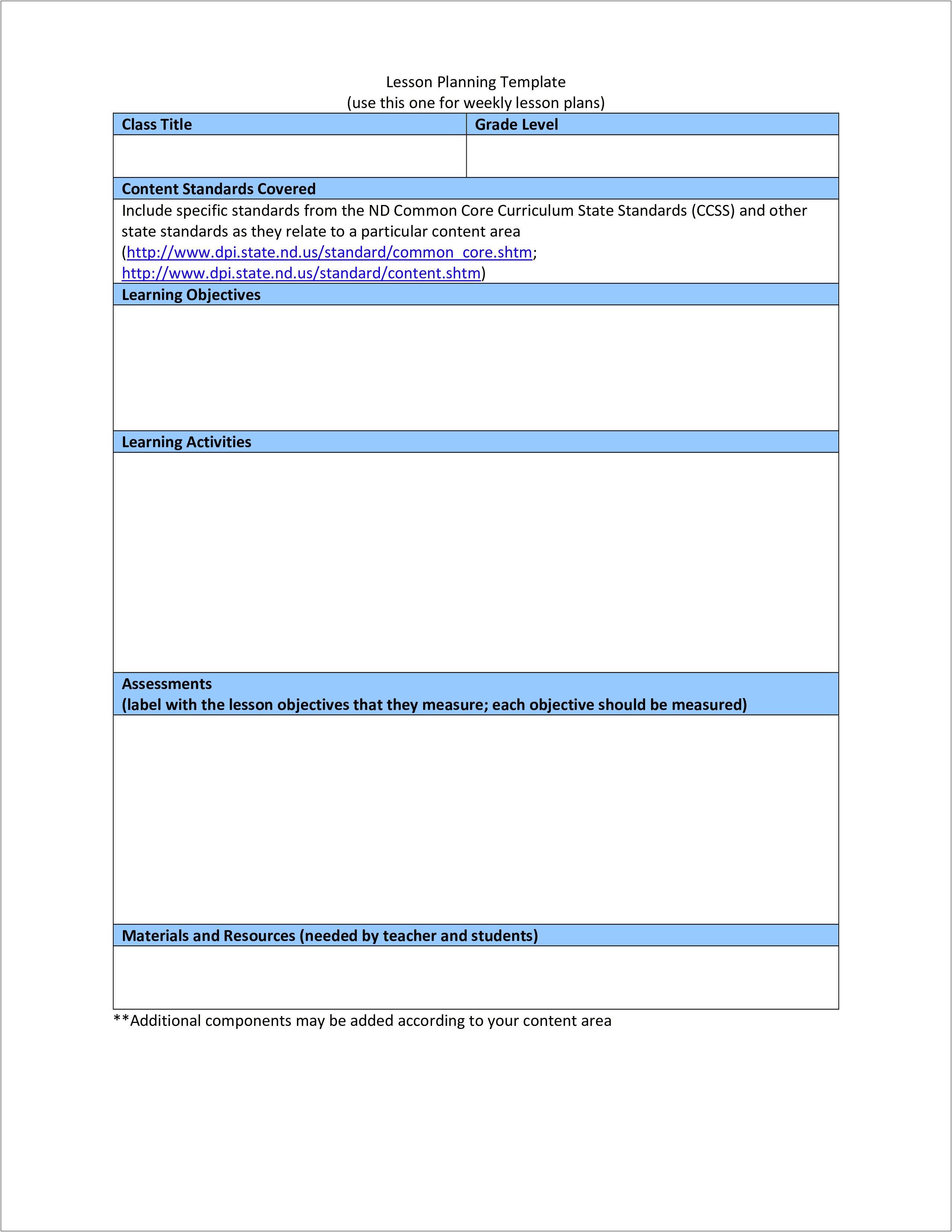 Blank Weekly Lesson Plan Template Pdf