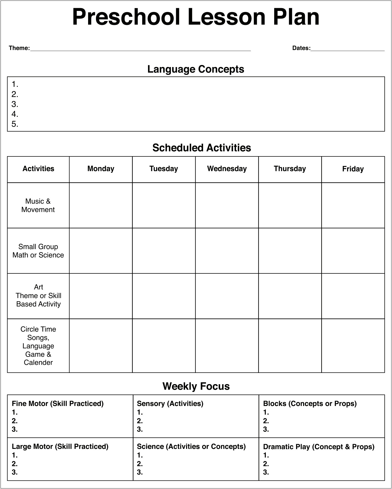 Blank Weekly Preschool Lesson Plan Template