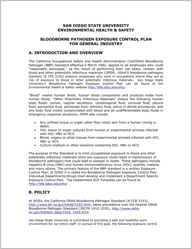 Blood Borne Pathogen Exposure Control Plan Template