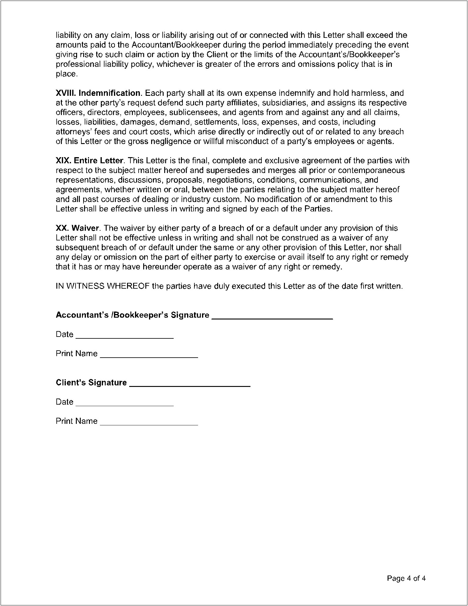 Bookkeeping Engagement Letter Template With Fee Increase