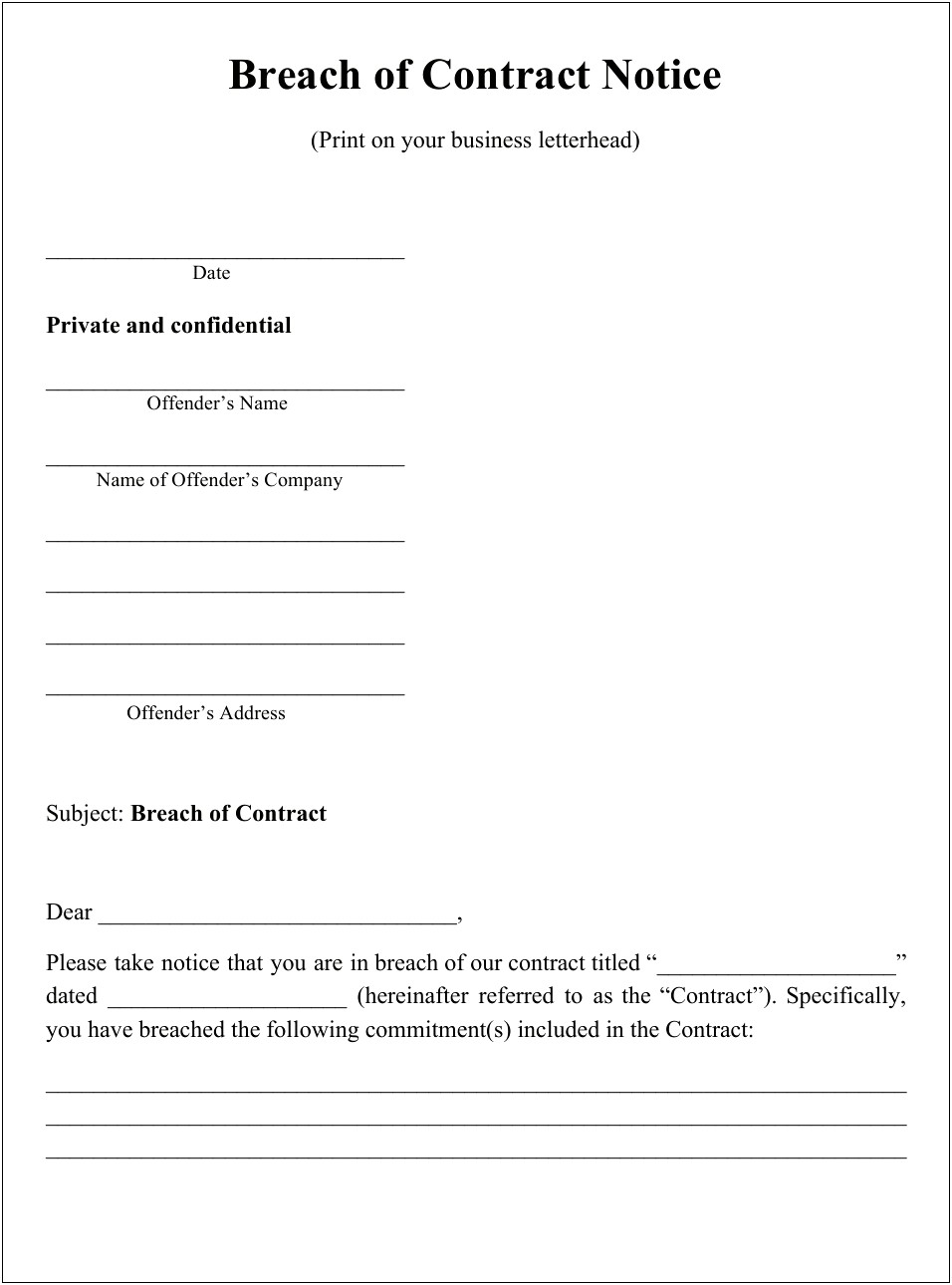Breach Of Employment Contract Letter Template