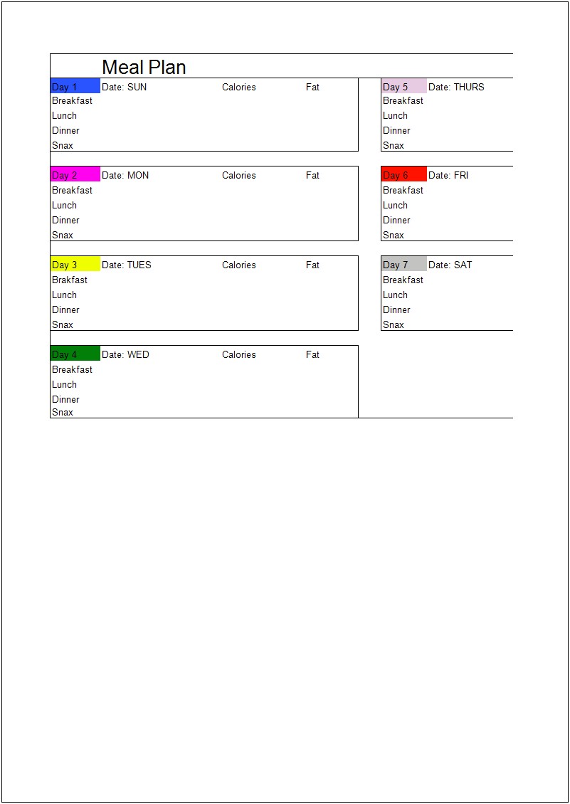 Breakfast Lunch And Dinner Meal Plan Template