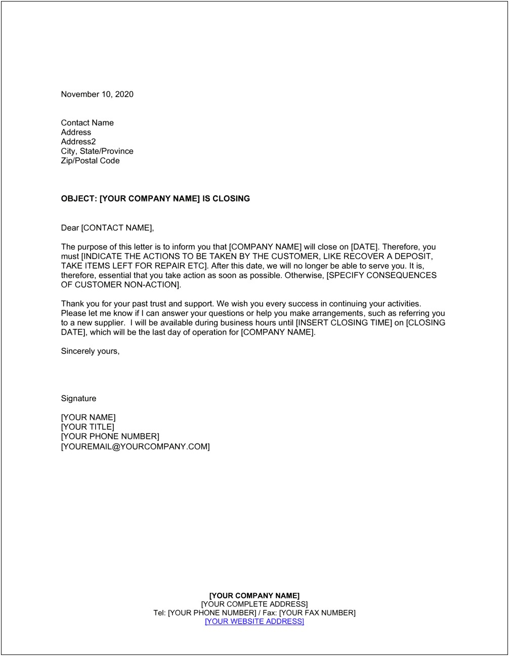 Bridal Business Closing Letter To Customers Templates