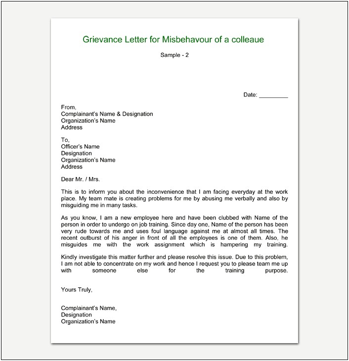 Bullying At Work Grievance Letter Template