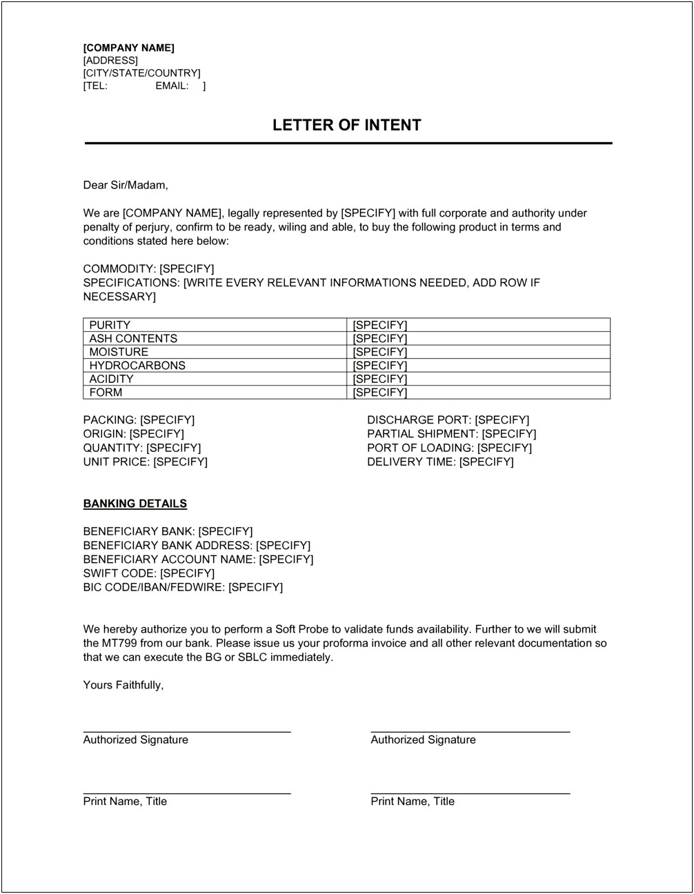 Business Acquisition Letter Of Intent Template