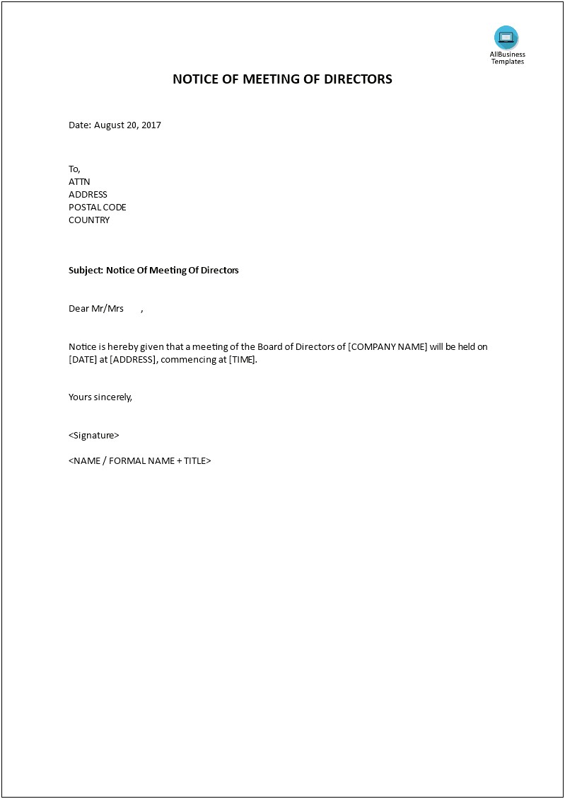Business Board Of Directors Letter Template