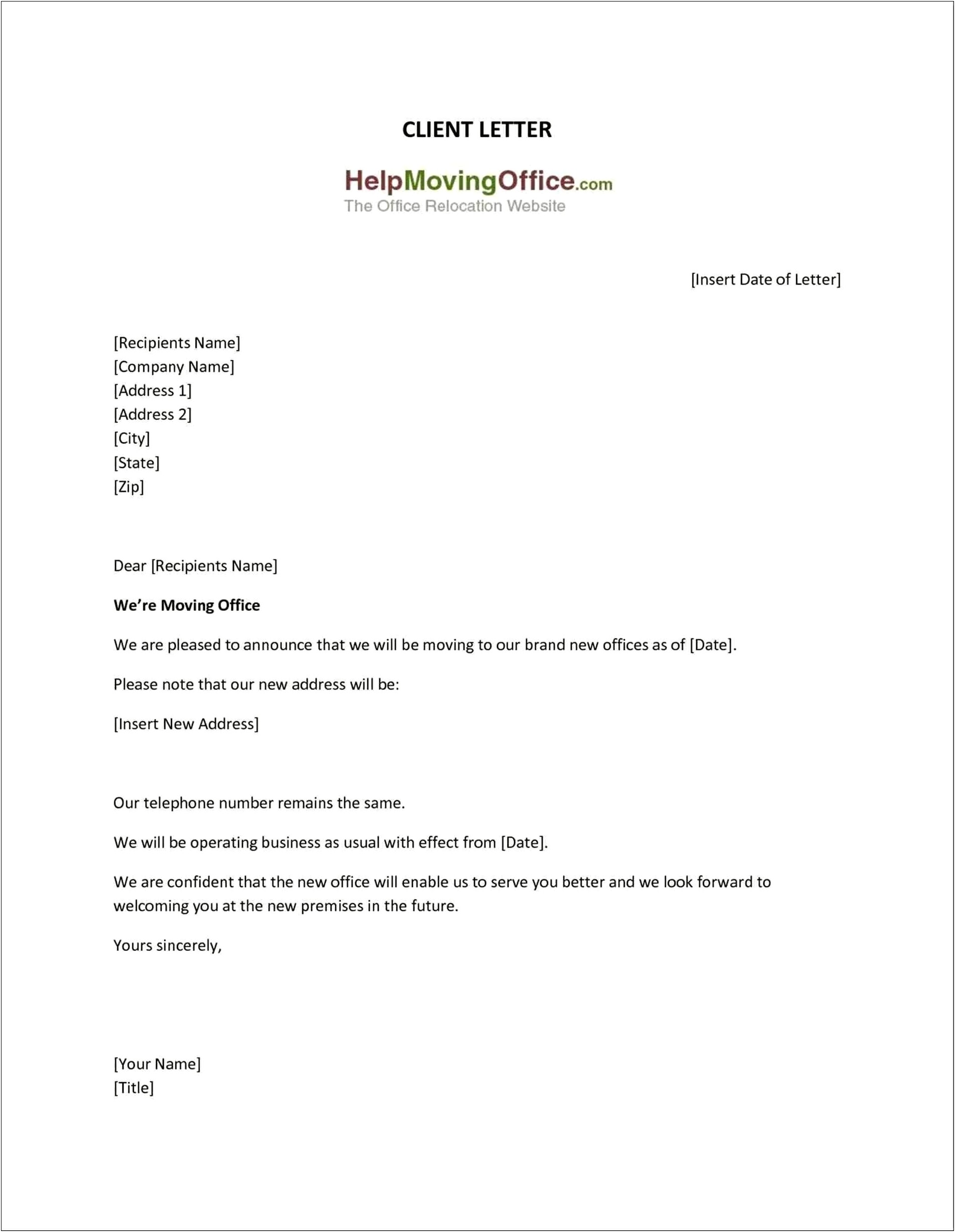 Business Change Of Address Letter Template