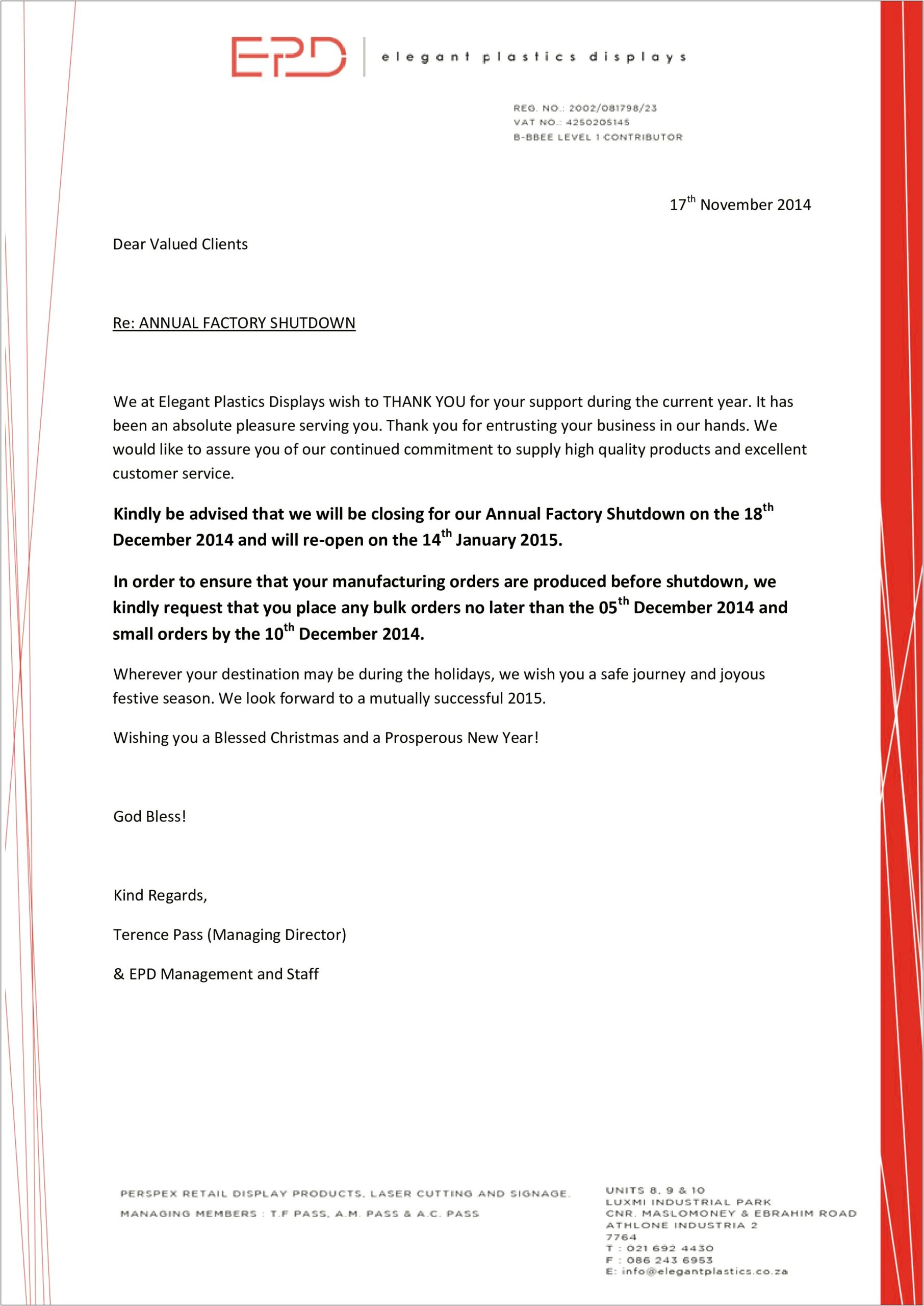 Business Closing Letter To Customers Templates
