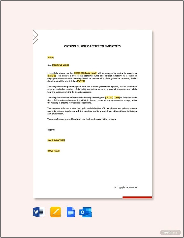 Business Closing Letter To Employee Template